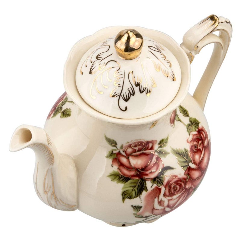 STARVAST Rose Pattern Ceramic Tea Pot, STARVAST Vintage Floral Pottery Teapot Ivory 28oz Large Porcelain Decorative Teapot, Gifts or Collections Idea (Capacity: 800 mL) - Image 5